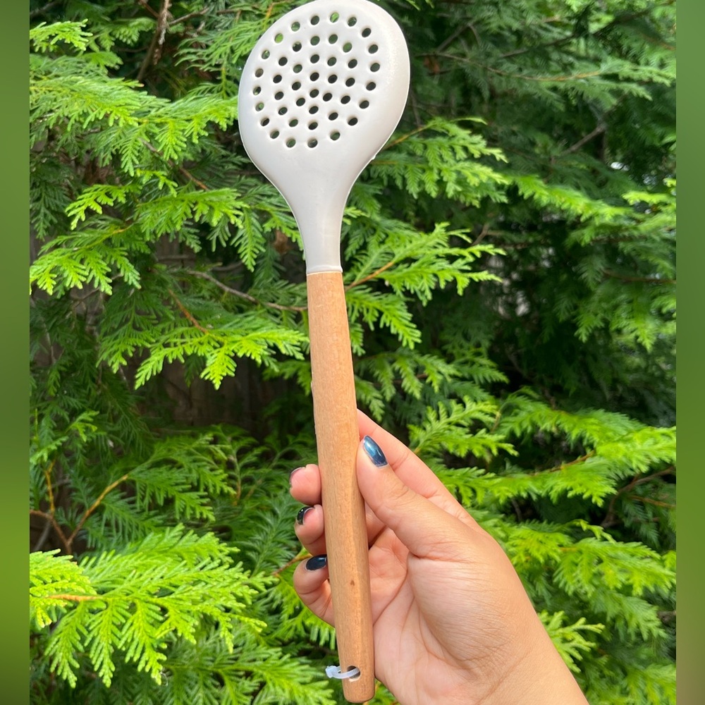 NWT Beige Slotted Silicone Spoon with Wooden Handle